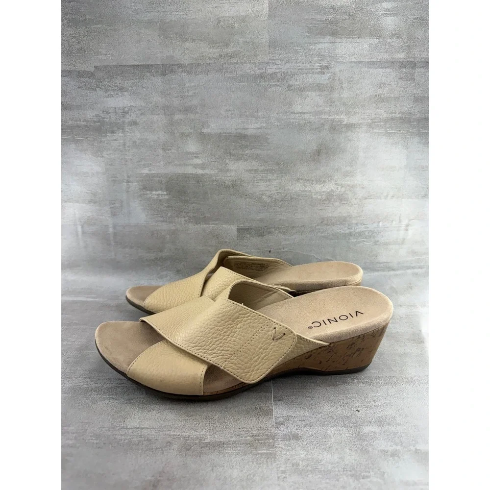Vionic Leticia Cream Beige Pebbled Leather Cork Wedge Sandals Women Sz 9.5